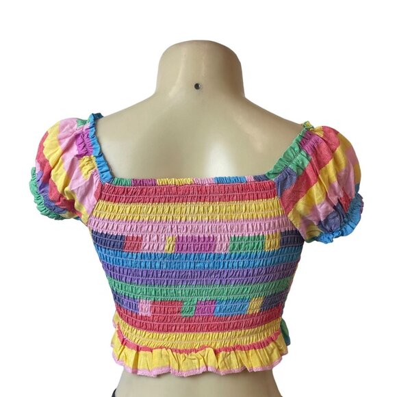 BCBGeneration Women's Multicolor Playful Stripe Smocked Crop Top Sz XS - Picture 4 of 7
